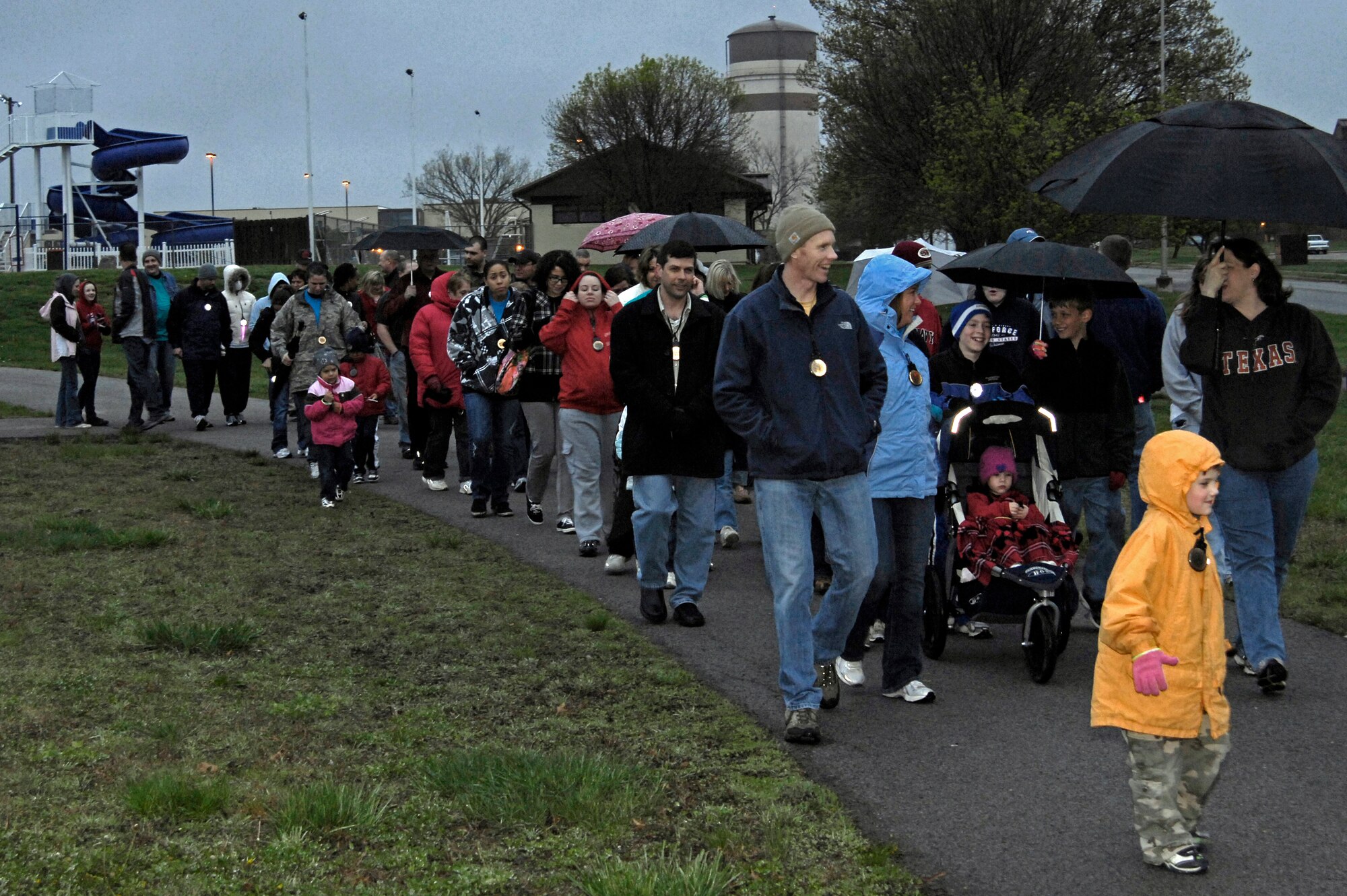 More than 100 members from Team Whiteman walked in support of Take Back the Night hosted by the Sexual Assault Prevention and Response Program April 15. The walkers started at the fitness center track and ended at the Skelton Park where they listened to music, ate free food and socialized.
