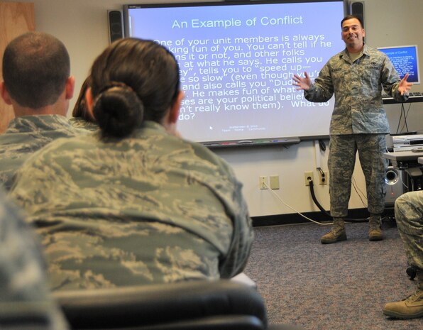 Staff Sgt. Alvarado, First Term Airman Center noncommissioned officer in charge, talks to his class of 20 Airman, who are fresh out of technical school, on the importance of building healthy relationships April 15, at Joint Base Charleston – Air Base. FTAC is a week long program designed to cover necessary information, available resources and welcome the new members of Team Charleston. (U.S. Air Force photo /Airman 1st Class Jared Trimarchi)