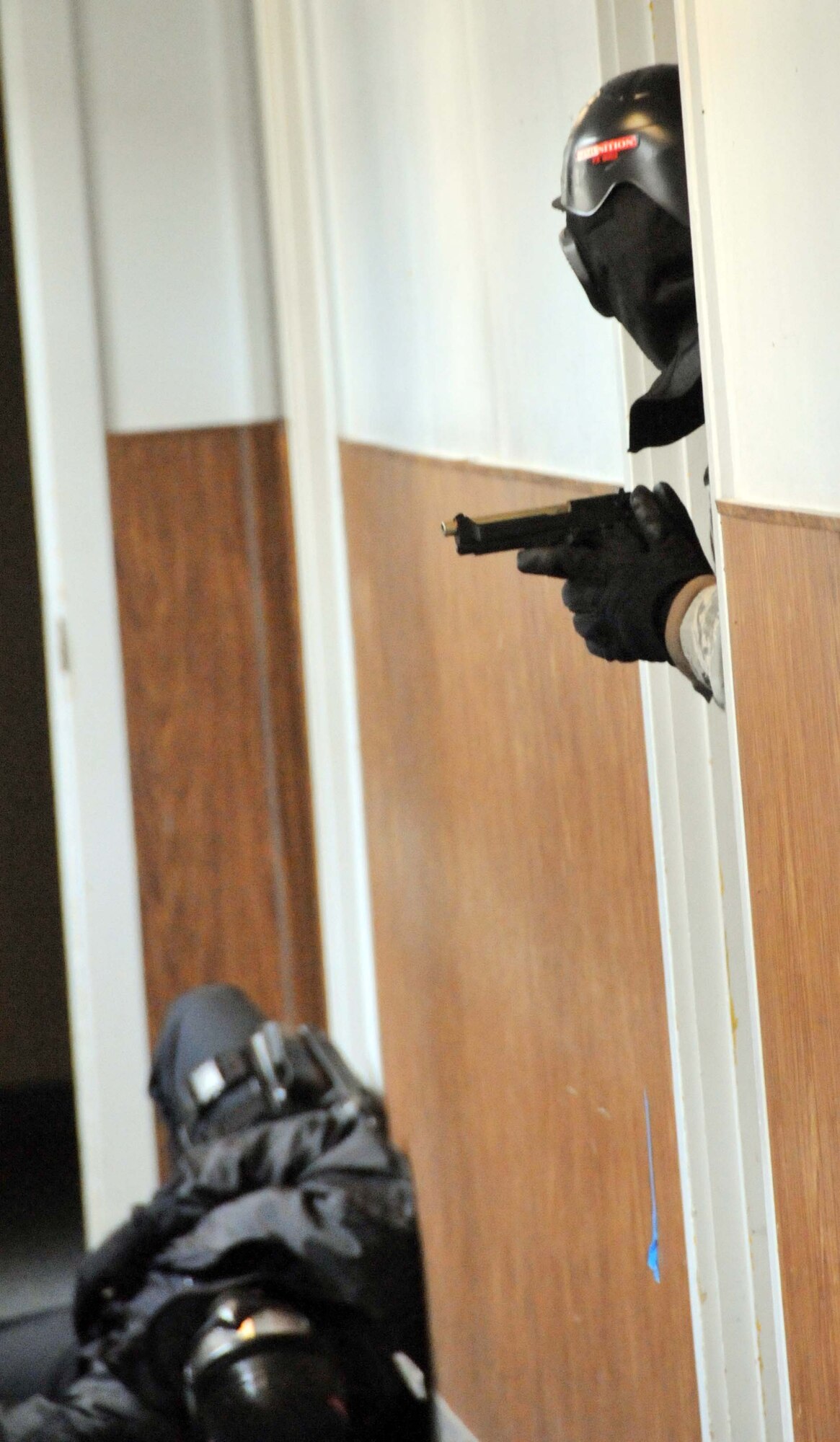 934th Security Forces Squadron members participate in active shooter training April 19. (Air Force Photo/Paul Zadach)