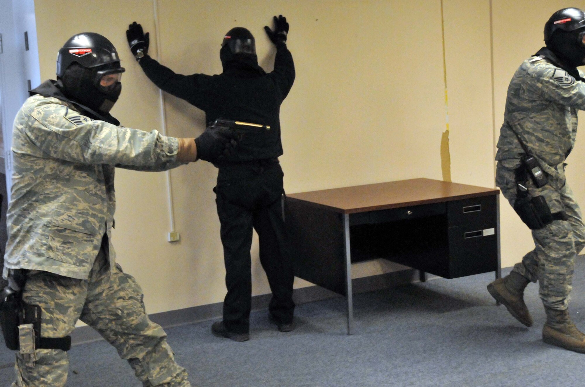 934th Security Forces Squadron members participate in active shooter training April 19. (Air Force Photo/Paul Zadach)