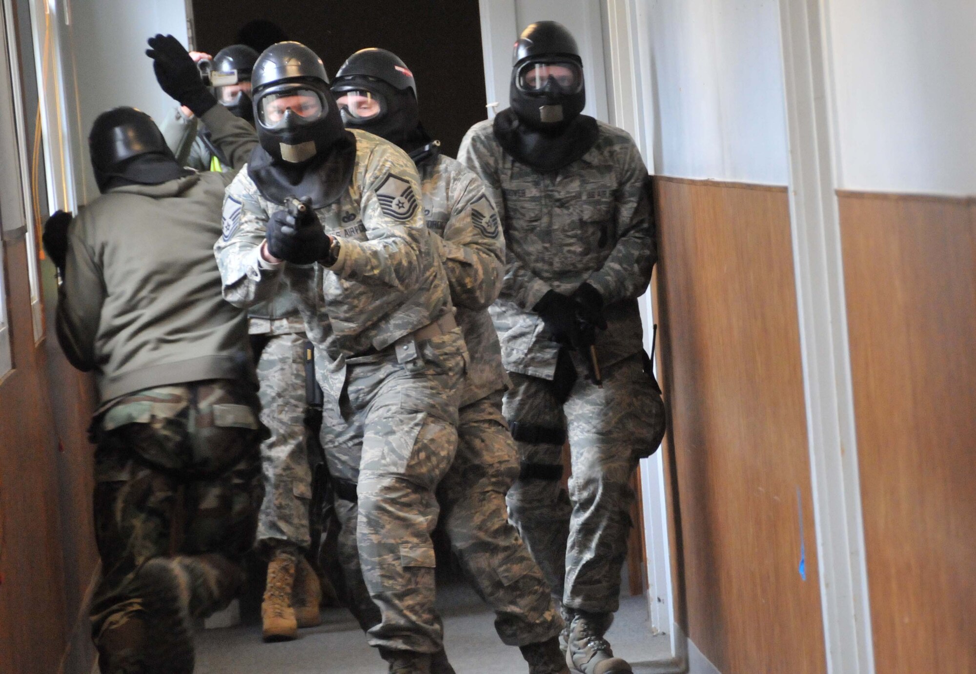 934th Security Forces Squadron members participate in active shooter training April 19. (Air Force Photo/Paul Zadach)