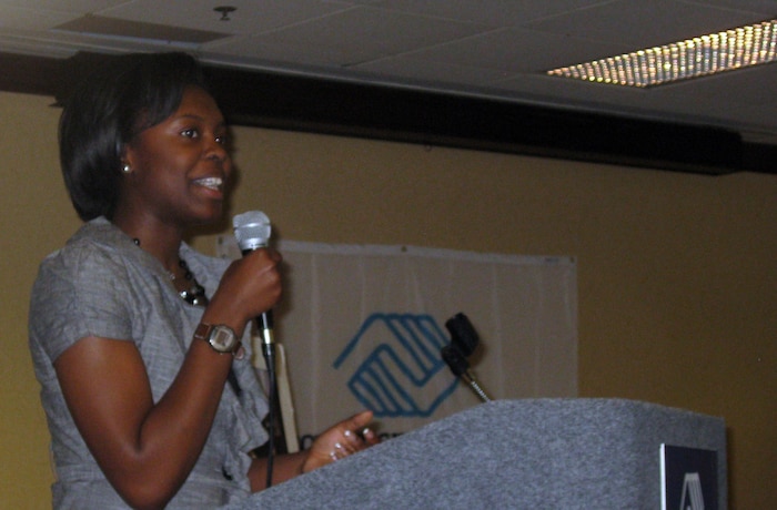 Kai Holnes delivers her acceptance speech after being named Southeast Region Youth of the yEar during an awards banquet at the Embassy Suites in Columbia, S.C., April 15. Ms. Holnes competed against 10 other nominees for the award and received a $2,000 scholarship. Ms. Holnes is the daughter of Master Sgt. Pablo Holnes from the 437th Aviation Maintenance Operations Squadron and his wife Martiza. (courtesy photo)