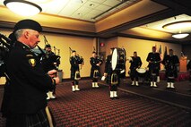 MINOT, N.D. – The 26th Field Regiment Royal Canadian Artillery Pipes and Drums group performs at the 23rd annual International Military Ball here April 16 at the Holiday Inn here. The Chair of the Minot Area Chamber of Commerce, and the commanders of the 5th Bomb Wing and 91st Missile Wing, sponsored the 23rd annual International Military Ball which featured the Air Force Band, Night Wing, and dignitaries from both the United States and Canada. (U.S. Air Force Photo/Senior Airman Jesse Lopez)