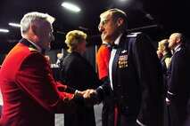 MINOT, N.D. – Col. Douglas Cox, 5th Bomb Wing commander, greets Canadian distinguished guests at the 23rd Annual International Military Ball at the Holiday Inn here April 16. The chair of the Minot Area Chamber of Commerce and the commanders of the 5th BW and 91st Missile Wing, sponsored the 23rd Annual International Military Ball, which featured the Air Force Band, Night Wing, and dignitaries from both the United States and Canada. (U.S. Air Force Photo/Senior Airman Jesse Lopez)