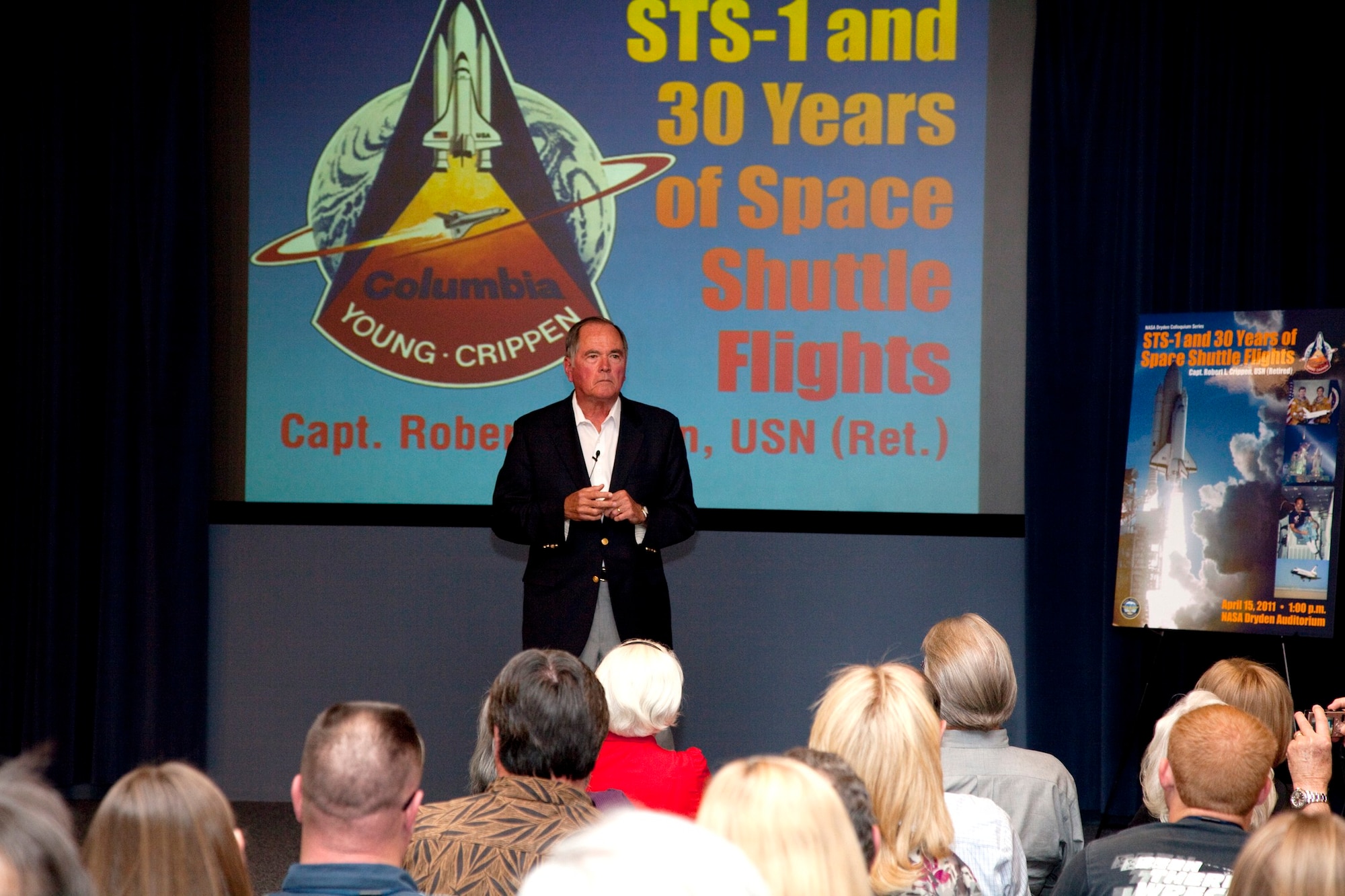 Retired Navy Captain Robert Crippin, the pilot of the first space shuttle launched into space, speaks at NASA Dryden Flight Research Center at Edwards Air Force Base on April 15. Captain Crippin visited Edwards and was the guest speaker at a dinner commemorating the 30th Anniversary of the first space shuttle. (Air Force photo by Bobbi Zapka)