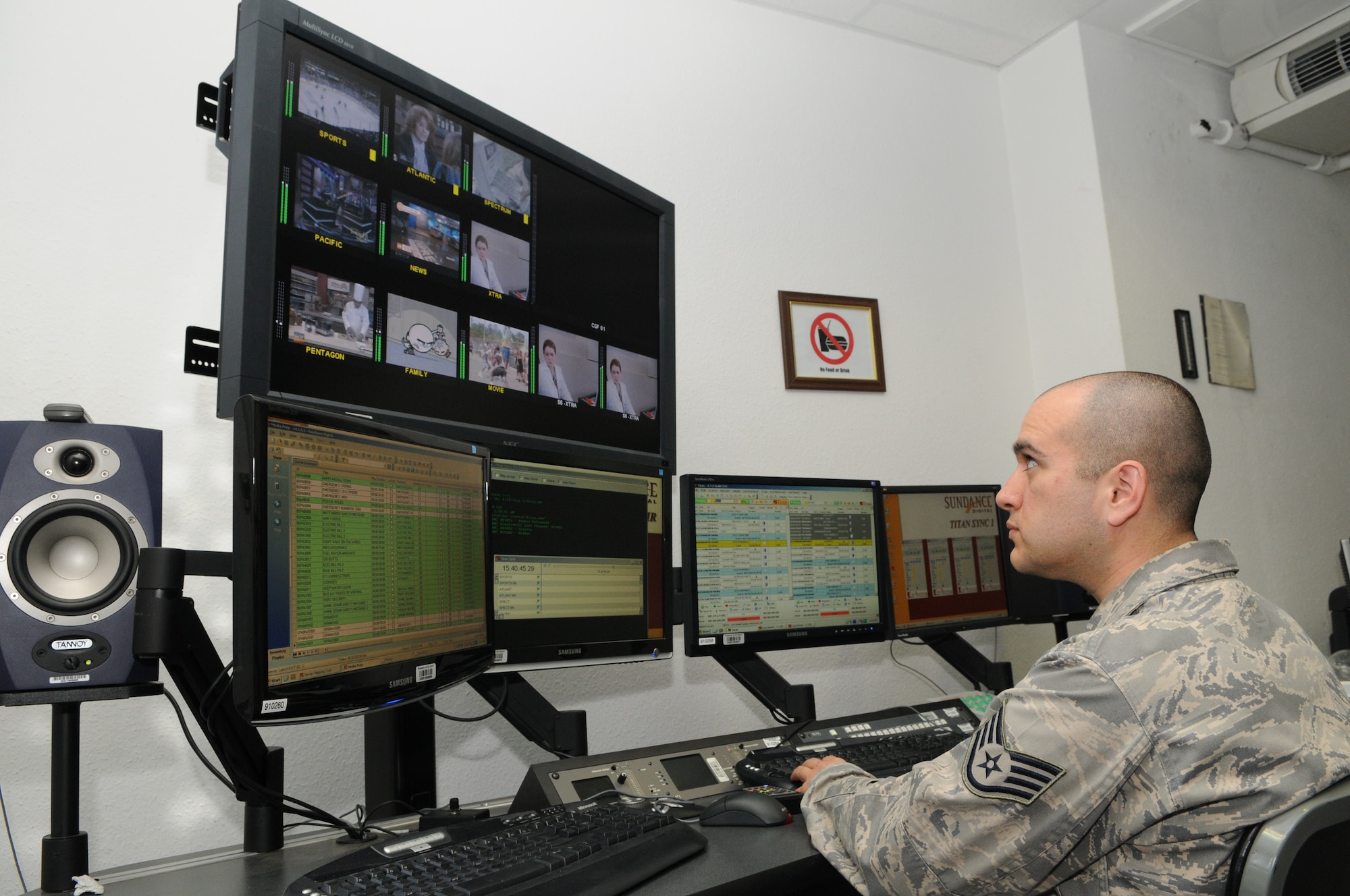 SPANGDAHLEM AIR BASE, Germany – Staff Sgt. Modesto Alcala, Armed Forces Network Spangdahlem broadcast maintenance supervisor, assigns times for shows to be seen on AFN Spangdahlem television channels April 20 at Bitburg Annex. According to Defense Media Activity, AFN Spangdahlem TV channels are expected to be in high definition in the next two to three years. (U.S. Air Force photo/Senior Airman Nick Wilson)