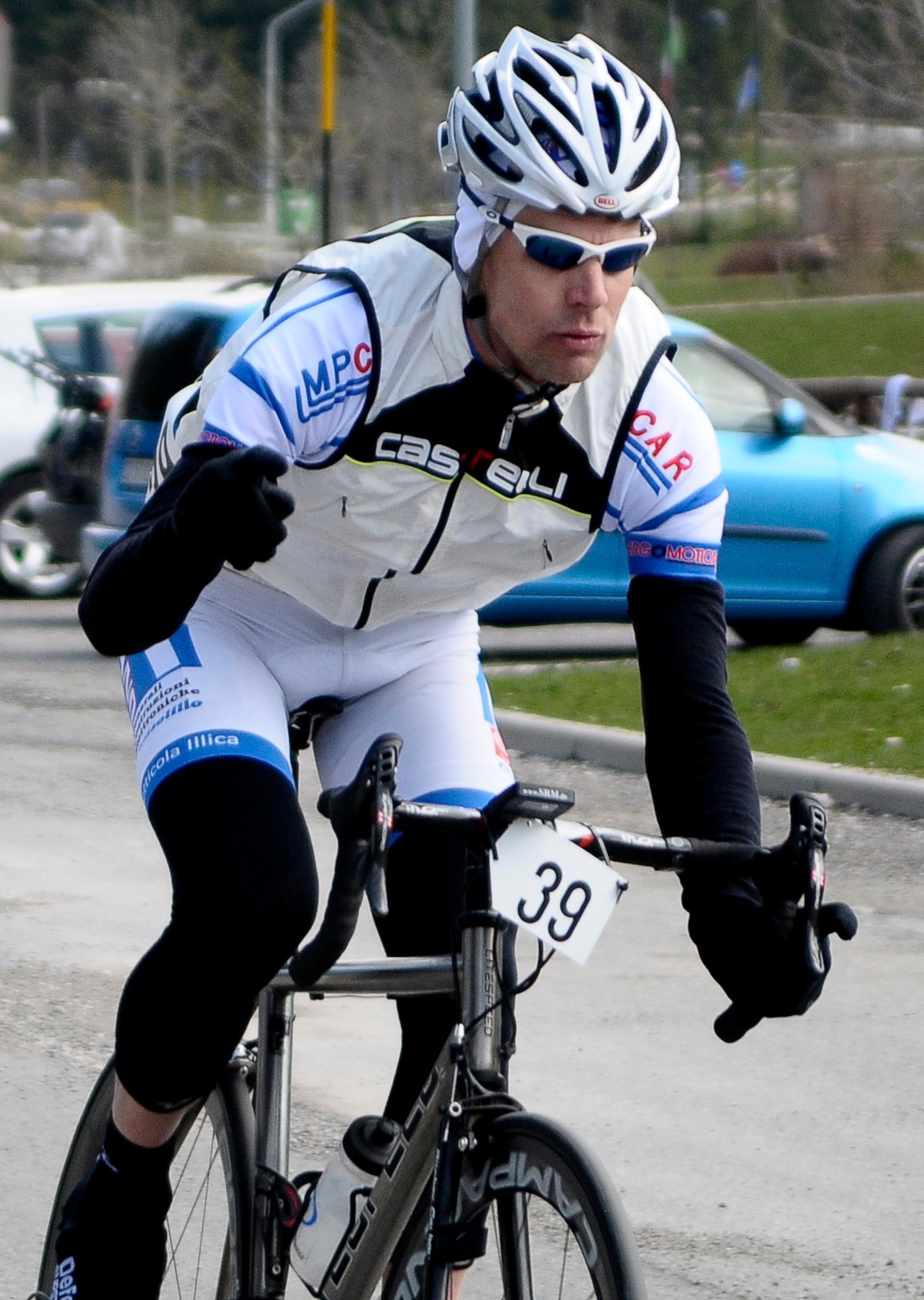 Max Fryar from Naples, rides his bicycle through a checkpoint in Piancavallo, Italy, during the U.S. Forces Europe Road Cycling Series April 17. The road bike competition was part of the Aviano Super Cycling Weekend, hosted by the 31st Force Support Squadron, and welcomed American cyclists from bases throughout Europe. (U.S. Air Force photo by Airman 1st Class Katherine Windish)