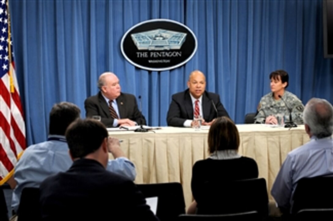 Department of Defense General Counsel Jeh C. Johnson (4th from right), conducts a Pentagon press briefing on April 19, 2011.  Joining Johnson are Under Secretary of the Army Joseph Westphal (left) and Army Lt. Col. Dawn Hilton, commander of the Ft. Leavenworth correctional facility.  