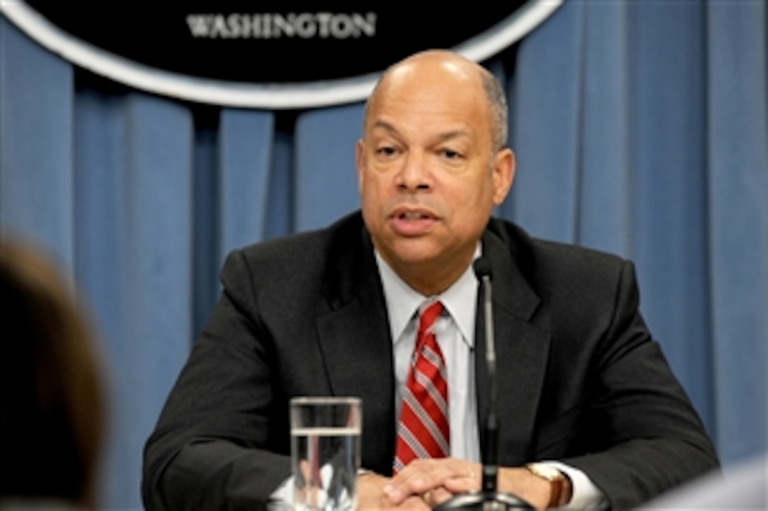 Defense Department General Counsel Jeh Johnson conducts a Pentagon press briefing on April 19, 2011.  