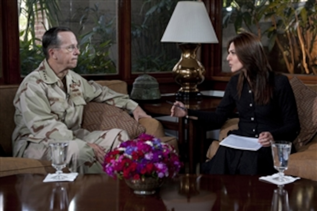 Chairman of the Joint Chiefs of Staff Adm. Mike Mullen, U.S. Navy, is interviewed by Pakistani Geo News correspondent Sanna Bucha in Islamabad, Pakistan, on April 20, 2011.  Mullen is in the Central Command area of operation supporting a USO tour to the region and visiting counterparts and service members stationed in the area.  
