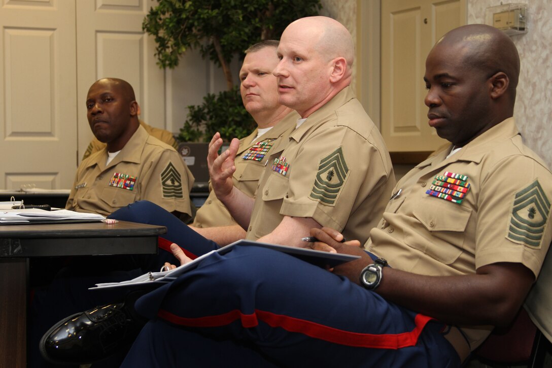 Master Gunnery Sgt. Eric Martin, contact team chief, 4th Marine Corps District, answers a question during a panel discussion at Marine Corps Recruiting Command’s Senior Enlisted Conference April 21. Using their decades of experience in recruiting, senior enlisted Marines at the conference tried to find ways to accomplish MCRC’s mission more effectively.