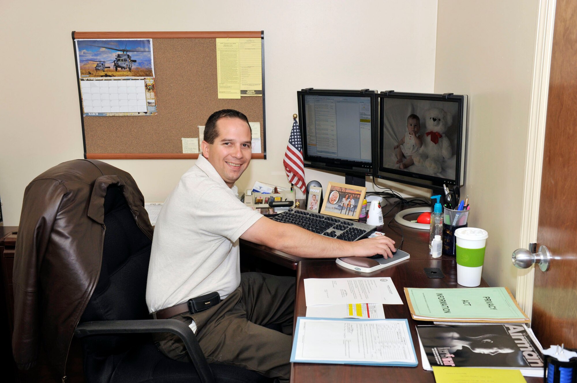 Gunar Moschner, a former senior airman who was severely injured while deployed to Southwest Asia, now works with the 325th Mission Support Group at Tyndall Air Force Base, Fla. Using the Air Force's Wounded Warrior Employment Program, Mr. Moschner was able to obtain a job as an Air Force civilian, after he medically separated from the service. (U.S. Air Force photo/Jonathan Gibson)