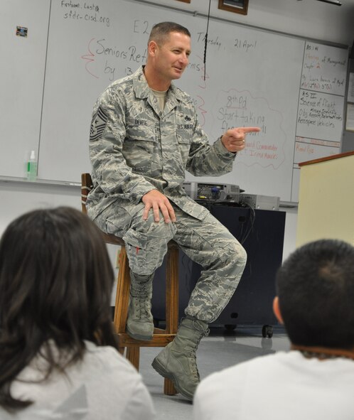 LAUGHLIN AIR FORCE BASE, Texas – Chief Master Sgt. Ray DeVite, 47th Flying Training Wing command chief, speaks to a group of junior ROTC students at Del Rio High School April 21. Chief DeVite told the cadets about his experiences in the Air Force and the positive influence the Air Force has had on his life. (U.S. Air Force photo by Joel Langton)
