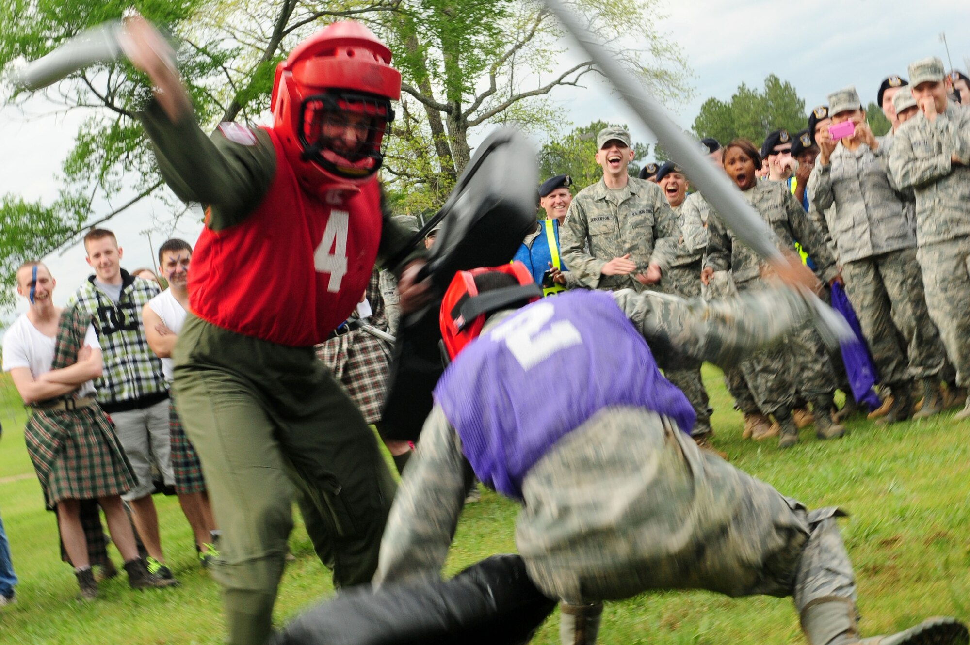 Airmen representing different groups of Team Little Rock compete in a jousting tournament during the Medieval Knight event April 15, 2011, at Little Rock Air Force Base, Ark. The winning group took home the Excalibur trophy and bragging rights for one year. (U.S. Air Force photo by Senior Airman Jim Araos)