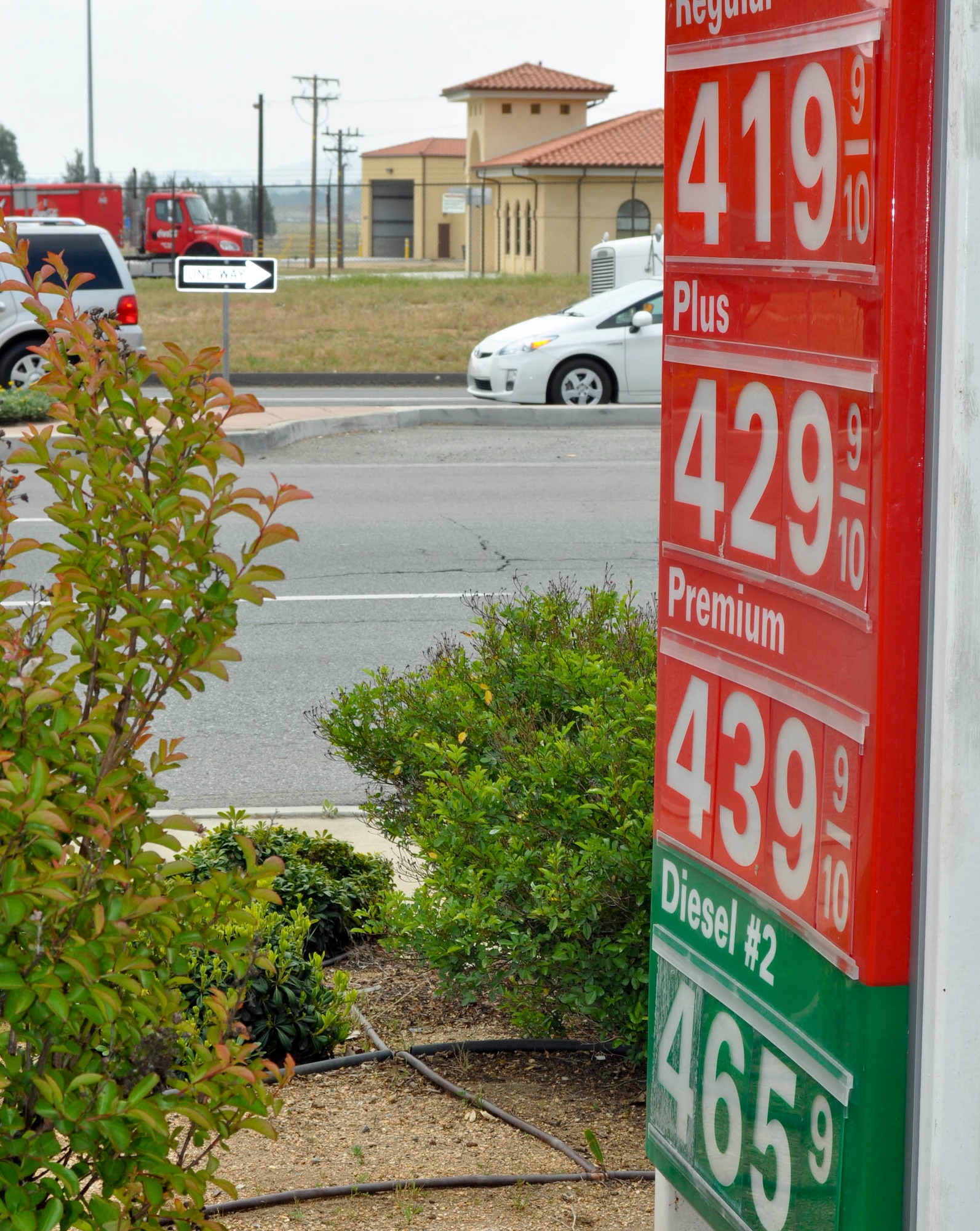 A gas station across the street from the main gate at March Air Reserve Base, Calif., advertises prices on April 18, 2011.  Paul Pitman, rideshare coordinator for the base, said the rise in gas prices has prompted dozens of March service members and civilian employees to join vanpools.  (U.S. Air Force photo/ Linda Welz)