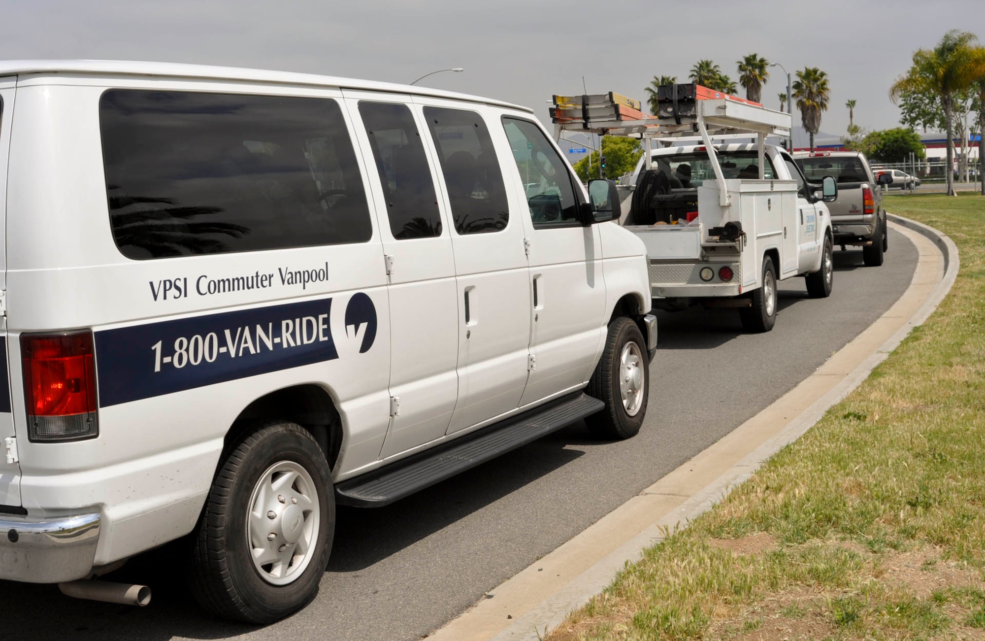 A rideshare van of Airmen leaves March Air Reserve Base, Calif., for lunch, April 19, 2011.  The more than 23 vanpools at March save commuters an estimated $690,000 in gas a year. (U.S. Air Force photo/ Linda Welz)
