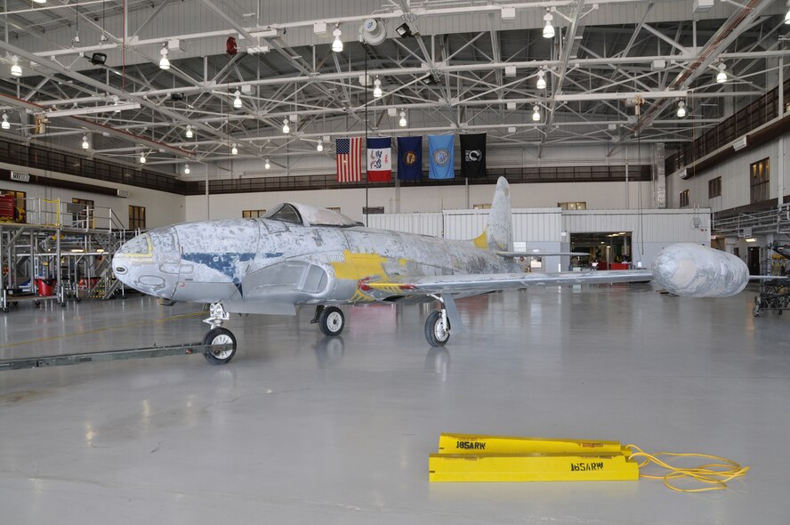 An F-80 Shooting Star is in the process of being refurbished at the Air National Guard in Sioux City, Iowa. The aircraft has undergone extensive revitalization at the 185th Air Refueling Wing fabrication shop and will be repainted at the paint facility here. The Aircraft will be stenciled with the markings of the Sioux City, Iowa Air National Guard scheme from the middle 1950’s. The then 174th Fighter Bomber Squadron (FBS) flew the F-80 from 1953 to 1955. The F-80 will eventually be on permanent static display at the Iowa National Guard Gold Star Museum at Camp Dodge in Johnston, Iowa.  

USAF Photo MSgt Vincent De Groot