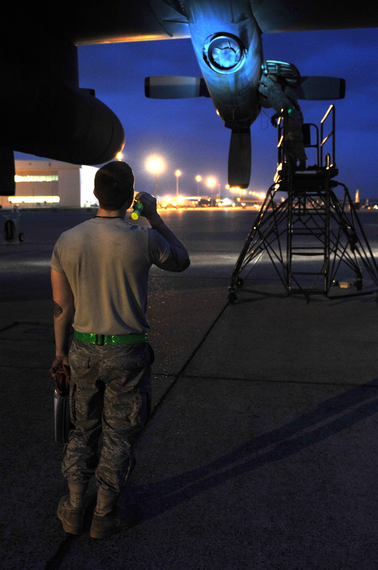 Airman 1st Class Cory Babcock, a 19th Aircraft Maintenance Squadron crew chief, inspects the engine of a C-130 April 14, 2011, at Little Rock Air Force Base, Ark. Inspecting the engine is part of pre- and post-flight inspections. (U.S. Air Force photo by Airman 1st Class Rusty Frank)