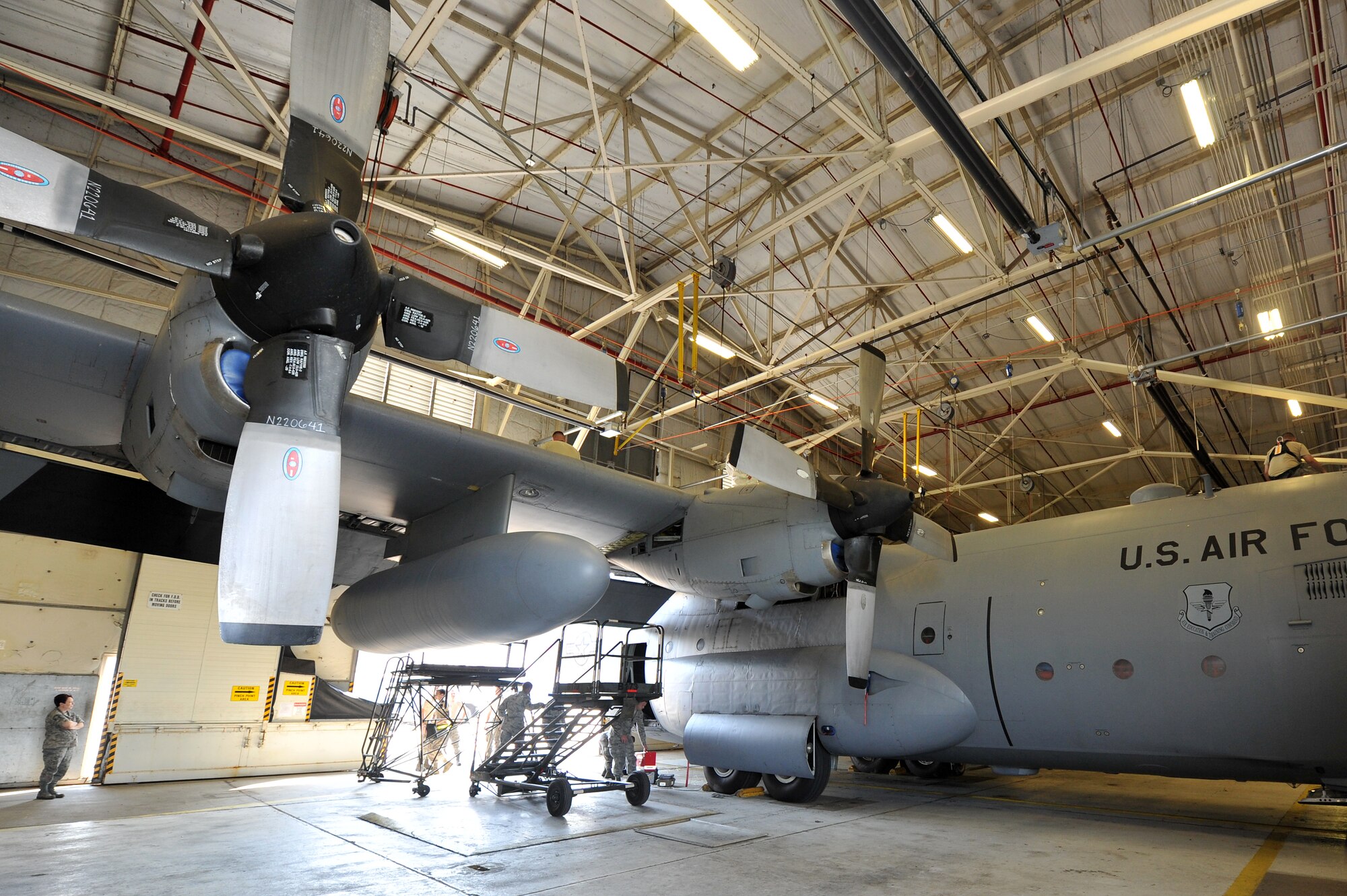 An inside view of Hangar 255 where Airmen from the 314th Aircraft Maintenance Squadron keep the world’s largest fleet of C-130s operational. (U.S. Air Force photo by Staff Sgt. Chris Willis)