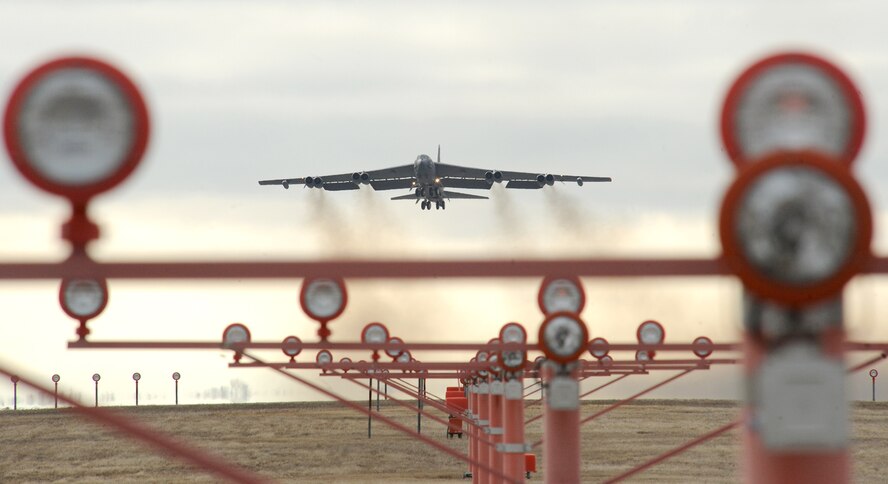 A B-52 Stratofortress takes off April 13, 2011, during an exercise at Minot Air Force Base, N.D. (U.S. Air Force photo/Tech. Sgt. Thomas Dow)