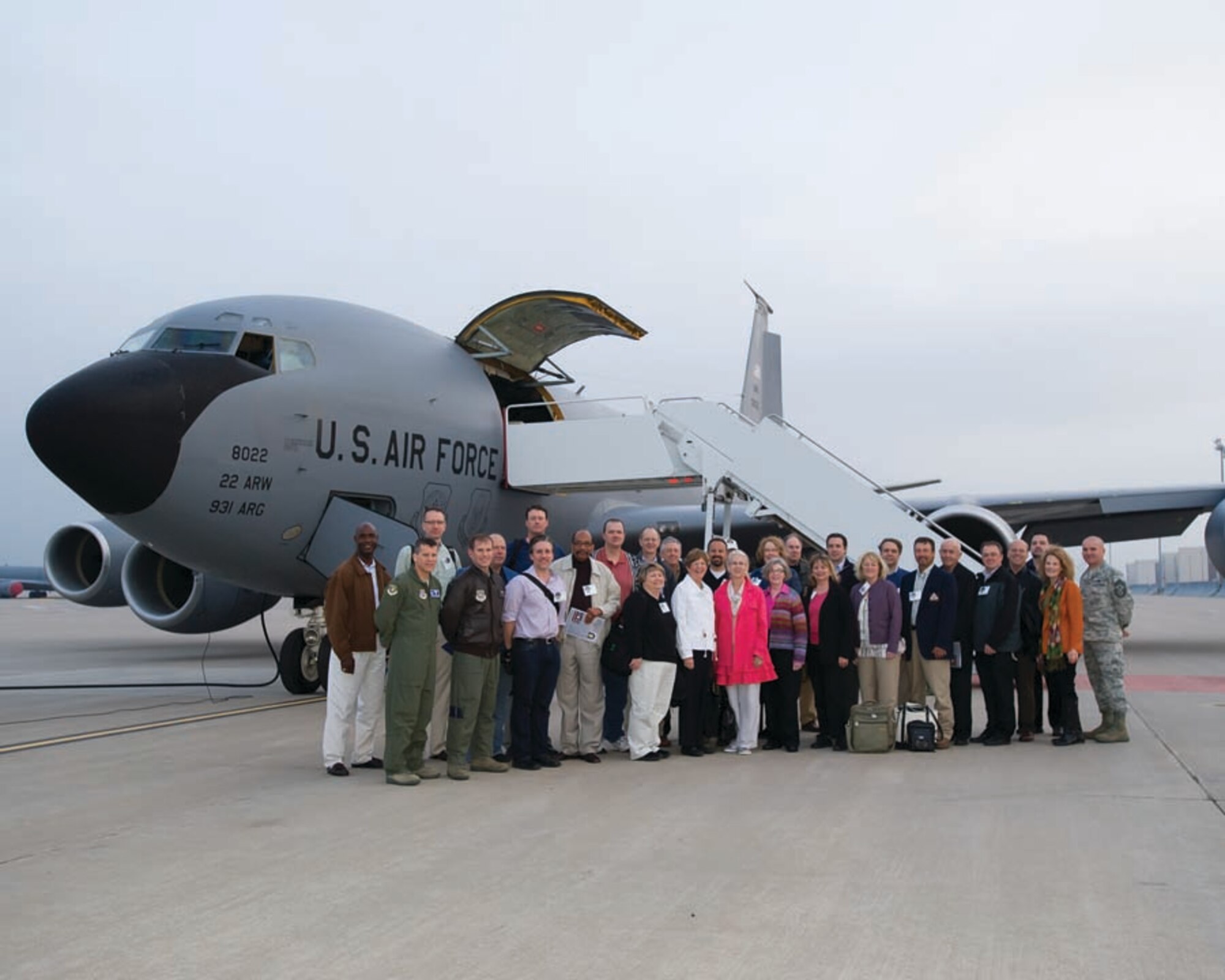 Thirty civic leaders and military members prepare to board a KC-135 Stratotanker for the 2011 Civic Leader Tour April 19, 2011, McConnell Air Force Base, Kan. The overnight tour included stops at Scott AFB, Ill., and Joint Base McGuire-Dix-Lakehurst, N.J. Community leaders witnessed a refueling mission and participated in a tour of the U.S. Air Force Expeditionary Center,  where Airman are trained for upcoming deployments. (U.S. Air Force Photo/Staff Sgt. Michael Schocker)