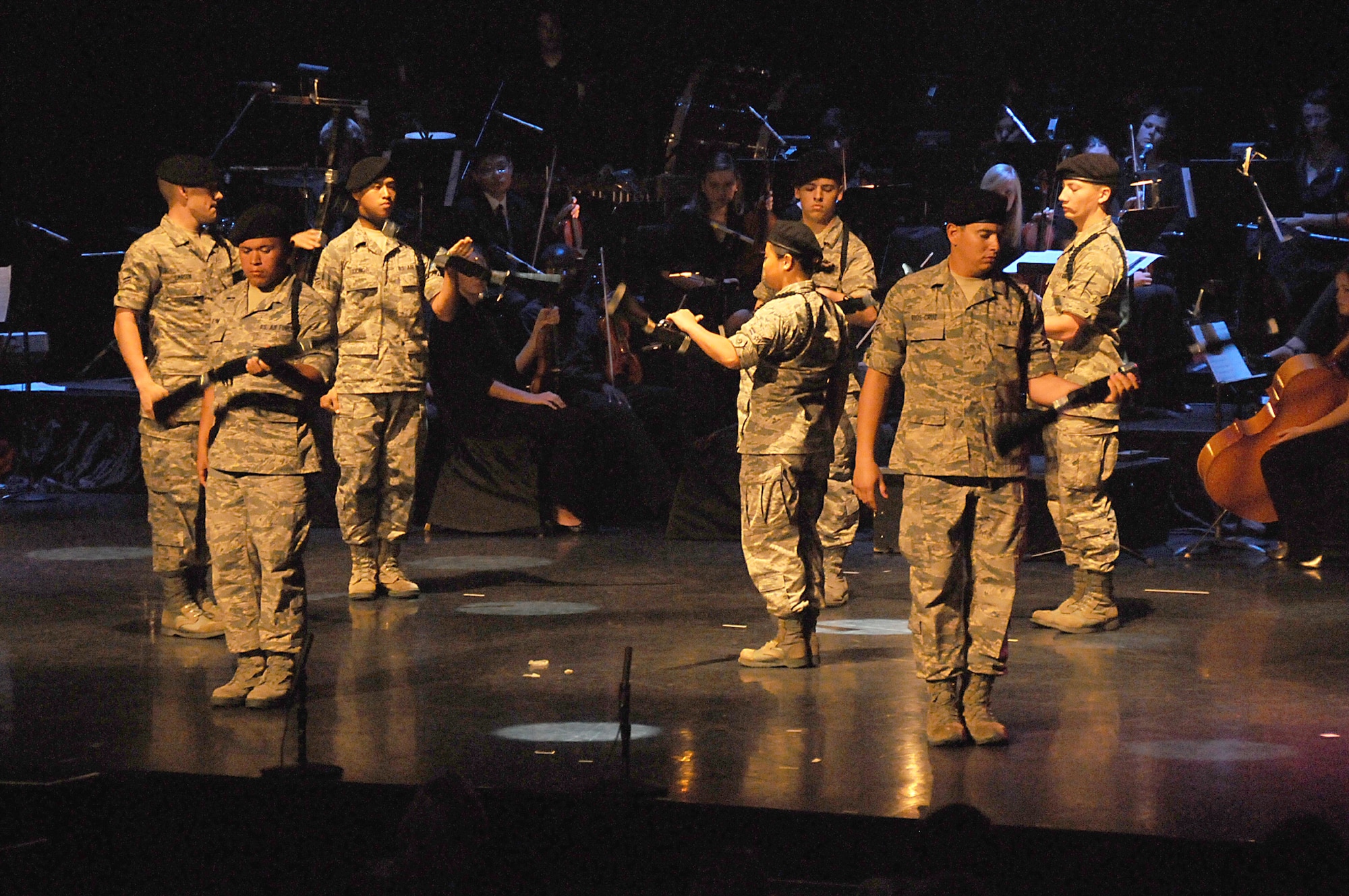 The 338th Training Squadron’s drill team performed April 14 in “Dreams: A Celebration of America” at Biloxi’s Beau Rivage Theater. The patriotic salute was produced by the Lynn Meadows Discovery Center of Gulfport, Mississippi’s first children’s museum.  (U.S. Air Force photo by Kemberly Groue)