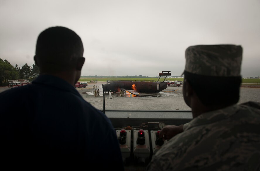 MOODY AIR FORCE BASE, Ga.-- 23rd Civil Engineer Squadron firefighters set controlled fires during a training exercise for the Valdosta Fire Department April 20. The Valdosta Fire Department comes out to Moody annually to complete their certifications. (U.S. Air Force photo/Airman 1st Class Joshua Green)(RELEASED)  

