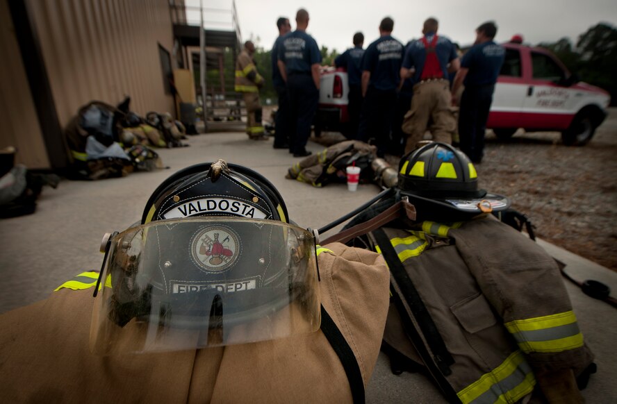 MOODY AIR FORCE BASE, Ga.-- A firefighter’s helmet sits on top of his gear before a Valdosta Fire Department training exercise April 20. The Valdosta Fire Department visited Moody to undergo their annual certification training. (U.S. Air Force photo/Airman 1st Class Joshua Green)(RELEASED)
