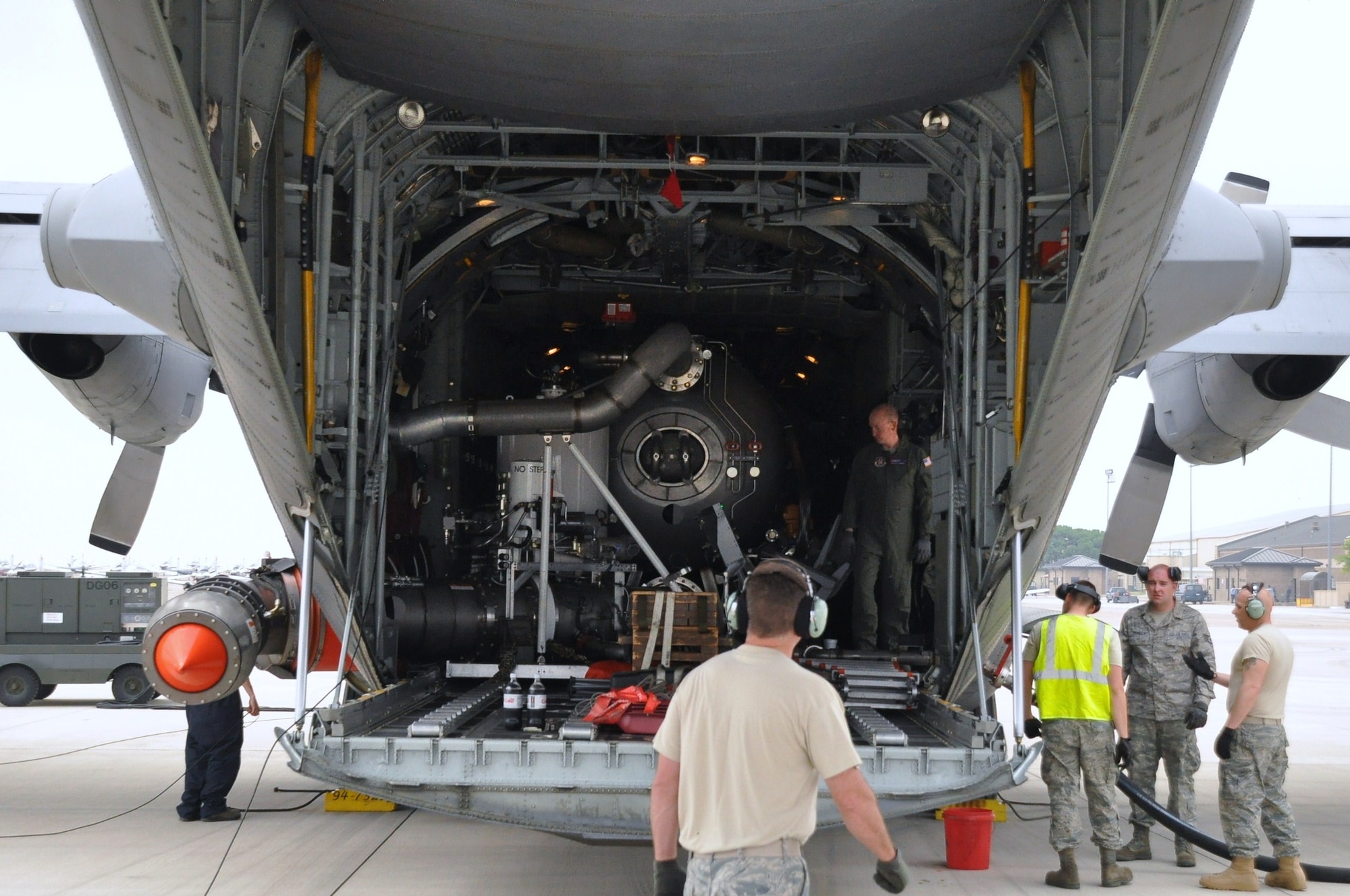 LAUGHLIN AIR FORCE BASE, Texas -- A C-130 from the 302nd Air Expedionary Group equipped with the U.S. Forest Service’s Modular Airborne Fire Fighting System gets refueled before departing to support ongoing wildfires in Mexico and Texas. (U.S. Air Force photo by Senior Airman Scott Saldukas)