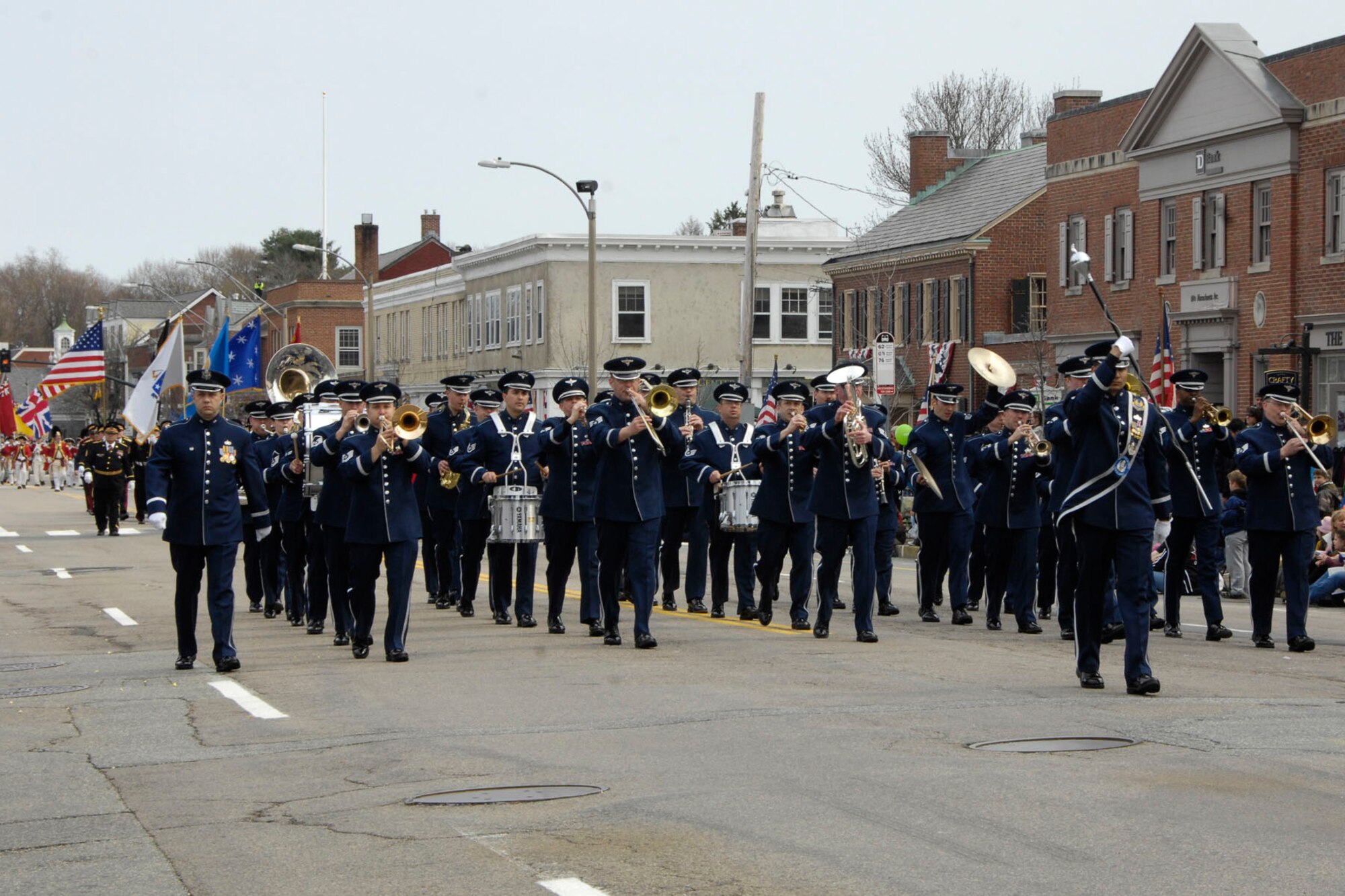 LEXINGTON, Mass. – The Air Force Band of Liberty plays as they march during the Lexington Patriots Day parade April 18. Towns around the area commemorated the opening battles of the Revolutionary War with reenactments, parades and more. (U.S. Air Force photo by Linda LaBonte Britt)