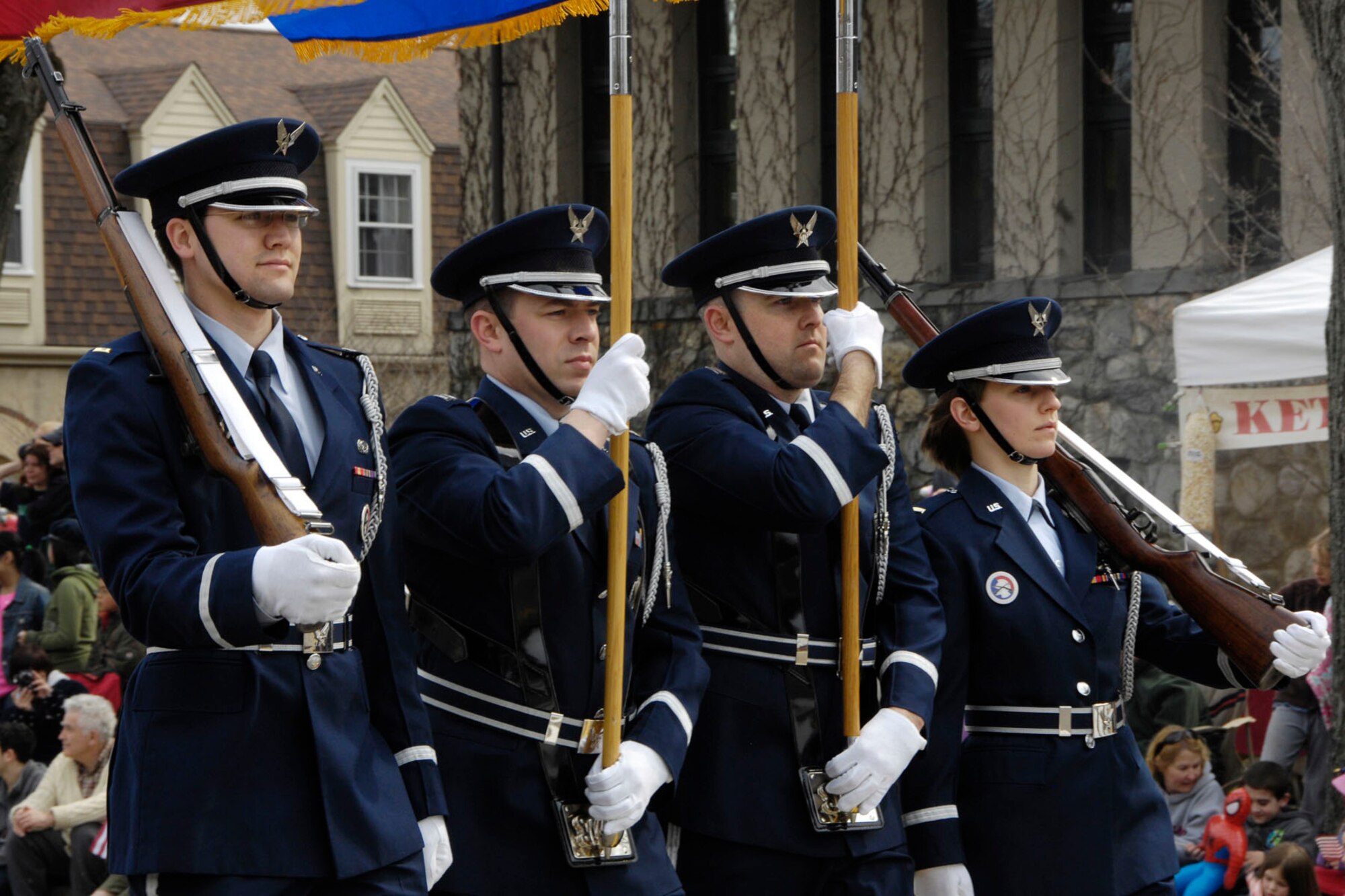 LEXINGTON, Mass. – Patriot Honor Guard members march during the Lexington Patriots Day parade April 18. Towns around the area commemorated the opening battles of the Revolutionary War with reenactments, parades and more. (U.S. Air Force photo by Linda LaBonte Britt)