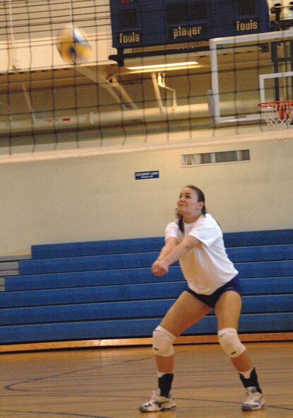 KUNSAN AIR BASE, Republic of Korea -- Staff Sgt. Misty Mahlerwein, 8th Civil Engineer Squadron commander’s support staff knowledge operations manager, practices her skills on the court here April 20. Sergeant Mahlerwein helped defend the Air Force women’s volleyball team during the 2011 Armed Forces Volleyball Tournament at Marine Corps Air Station Cherry Point, N.C., April 5 to 15. (U.S. Air Force photo/Staff Sgt. Amanda Savannah)