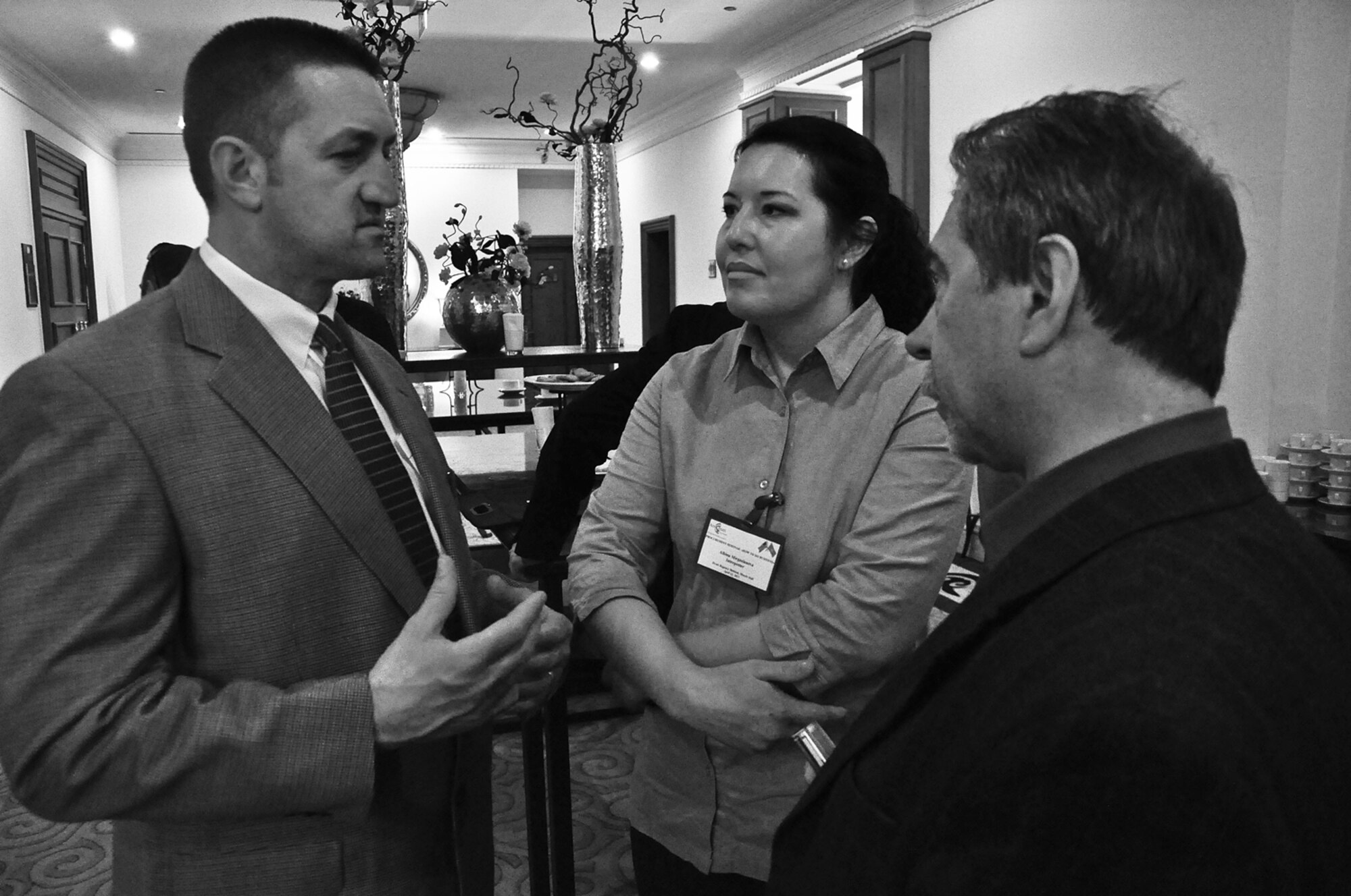 Capt. John Schoonmaker, 376th Expeditionary Contracting Squadron, chief of contracting, fields questions from local media regarding the Transit Center’s Industry Day event held at the Hyatt Regency Bishkek April 22. The 376th Expeditionary Contracting Squadron holds Industry Day twice a year to inform prospective businesses on the procedures required to qualify as a vendor with the Center. (U.S. Air Force photo/Master Sgt. Daniel Nathaniel)