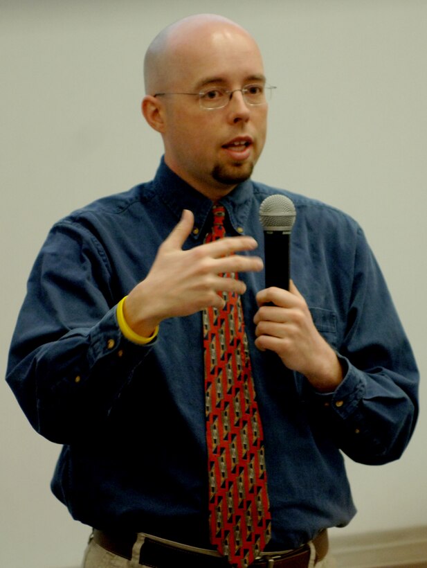 Joseph Vess, Men Can Stop Rape director of training and technical assistance, addresses how men can help to prevent sexual assault at the South Dakota School of Mines and Technology, April 21. Mr. Vess said 85 to 95 percent of sexual assaults are precipitated by people the victim knows and trusts. (U.S. Air Force photo by Senior Airman Jarad A. Denton)