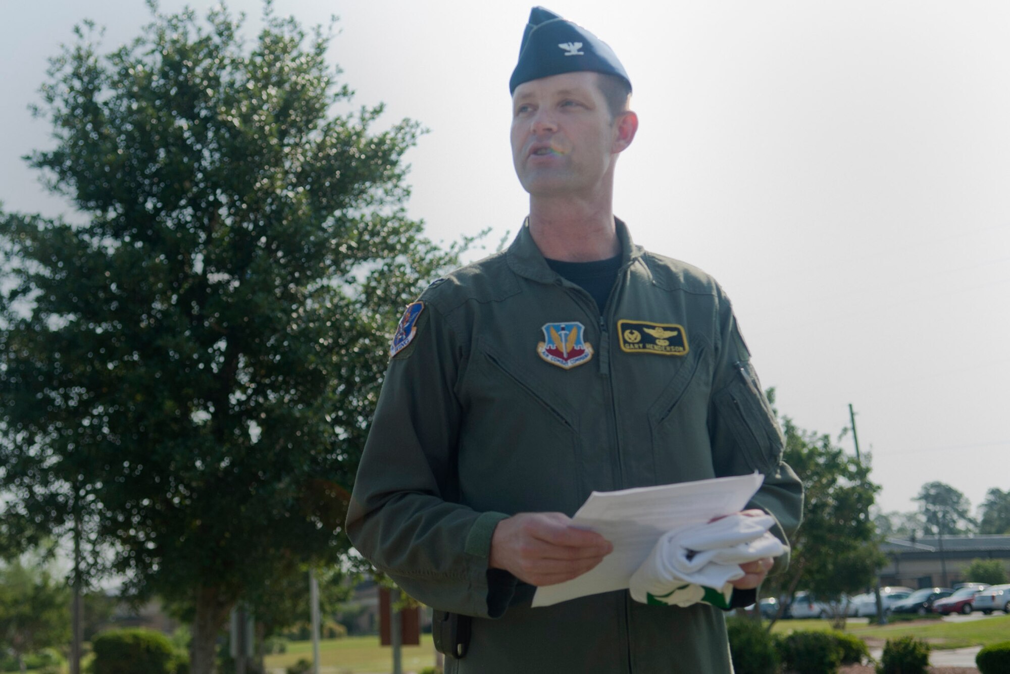 MOODY AIR FORCE BASE, Ga. -- Col. Gary Henderson, 23rd Wing commander, gives a speech before a tree is planted in celebration of Arbor Day April 22. During his speech, Colonel Henderson described many ways in which Moody helps make Earth a greener place. (U.S. Air Force photo/Airman 1st Class Douglas Ellis)(RELEASED)
