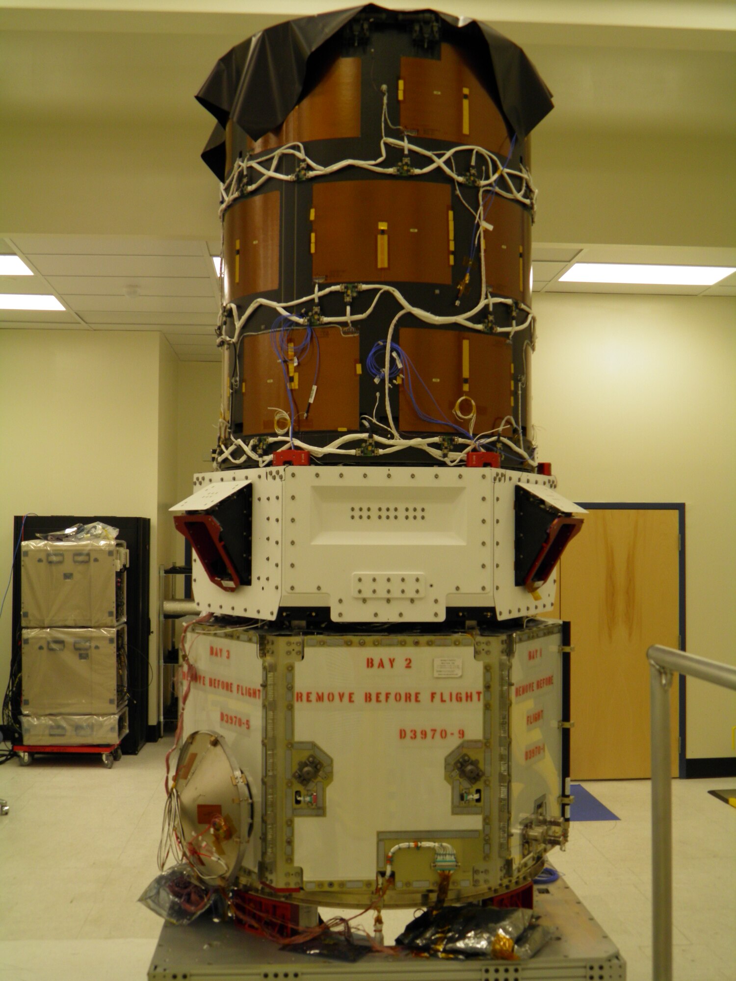 The ORS-1 satellite photographed during environmental testing last year at the Goodrich Corporation’s Danbury, Conn., facility.  Photo courtesy of Goodrich Corp.