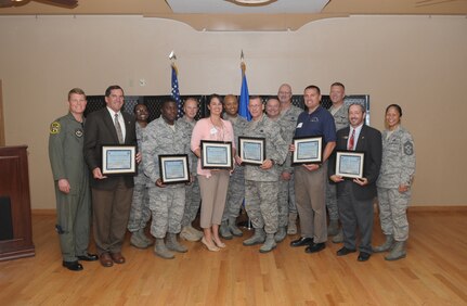 Senior leaders from Randolph took the time to say thank you to all of the individuals and groups who play a role in the recognition program's success during an informal gathering at Randolph's Parr Club April 20.  Pictured are both Randolph senior leaders and representatives from Randolph's professional organizations.(U.S. Air Force photo/Joel Martinez)