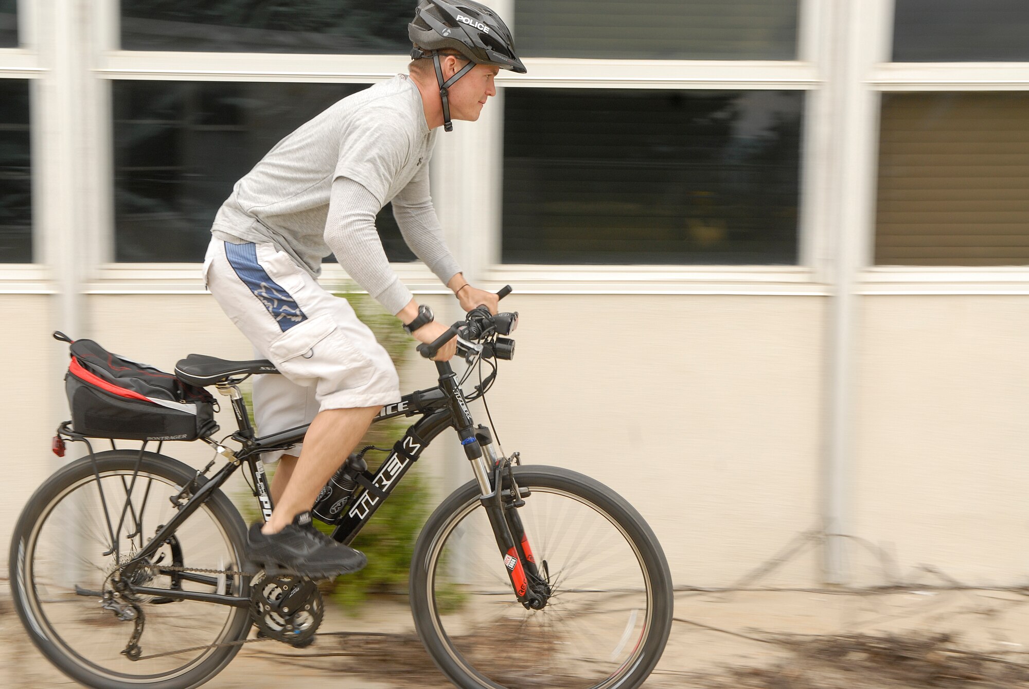 VANDENBERG AIR FORCE BASE, Calif. -- Practicing at high speed, Senior Airman Steven Koster, a 30th Security Forces Squadron response force member, trains on dodging objects during the bike patrol training here Tuesday, April 19, 2011.  The 30th SFS Bike Patrol is being reinstated to show a proactive police force for community members on base.  (U.S. Air Force photo/Staff Sgt. Andrew Satran) 

 
 
 
  