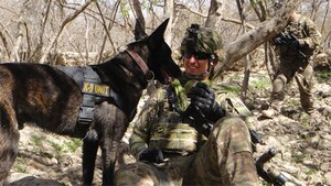 Sgt. Nathan Arriaga, deployed to Afghanistan with D Company, 1/66th 1st Brigade, 4th Infantry Division, takes time for play with his partner, military working dog, Zzar. (Courtesy photo)