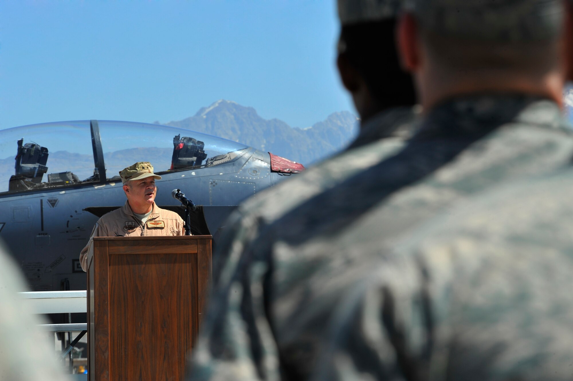 Maj. Gen. Charles W. Lyon, 9th Air and Space Expeditionary Task Force-Afghanistan commander, provides opening comments during the 455th Expeditionary Wing change of command ceremony at Bagram Airfield, Afghanistan, April 22, 2011. (U.S. Air Force photo by Senior Airman Sheila deVera)