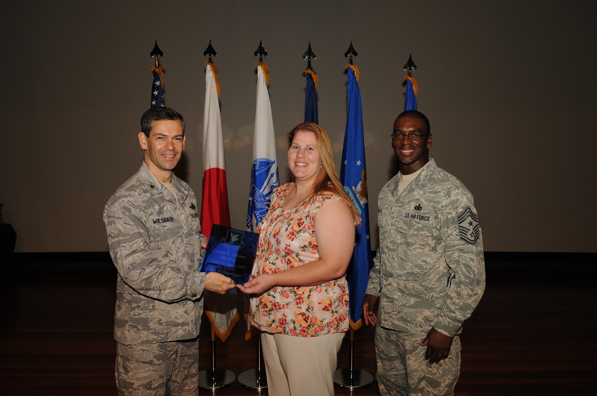 Ms. Lynda R. Jensen, 18th Civil Engineer Group, was named the Team Kadena and 18th Wing Category I Civilian of the Quarter. (U.S. Air Force photo/Airman 1st Class Jarvie Z. Wallace)