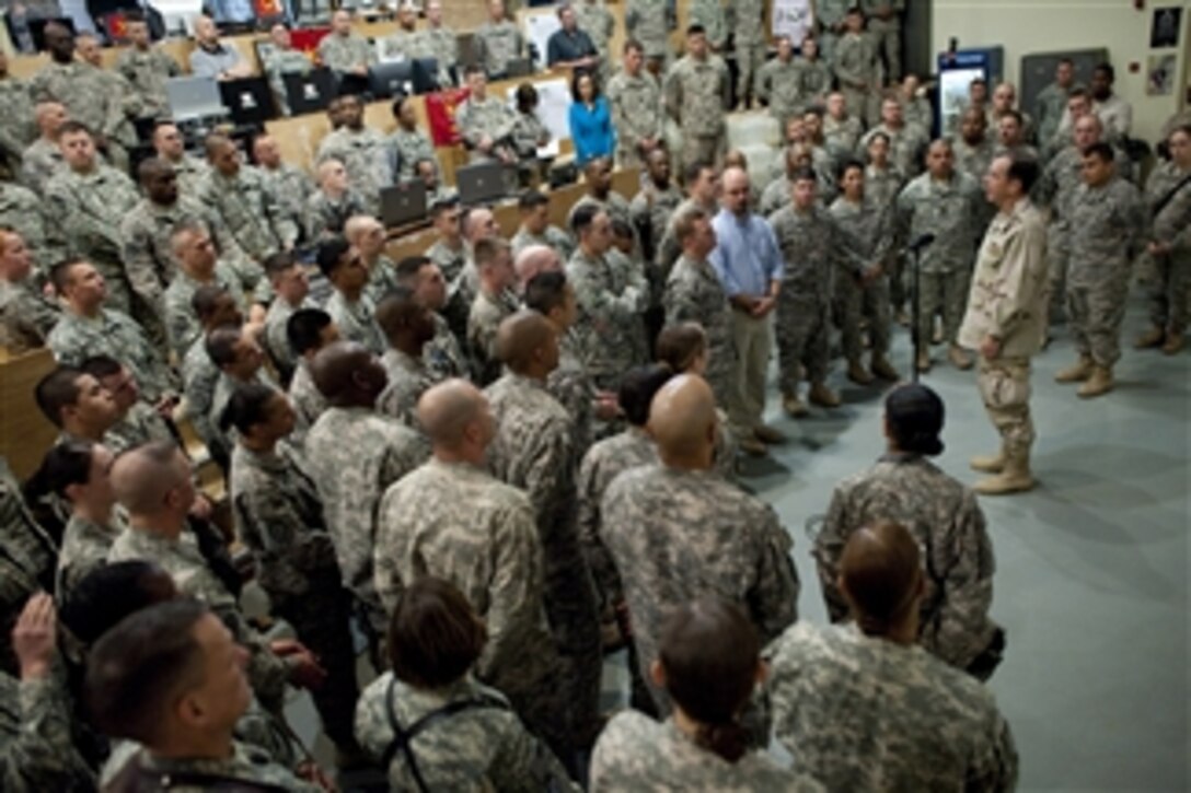 Chairman of the Joint Chiefs of Staff Adm. Mike Mullen conducts an all hands call with service members assigned to the 25th Infantry Division at the U.S. Division Center at Camp Liberty, Iraq, on April 22, 2011.  Mullen is in the Central Command area of operation supporting a USO tour to the region and talking to counterparts and service members stationed in the area.  