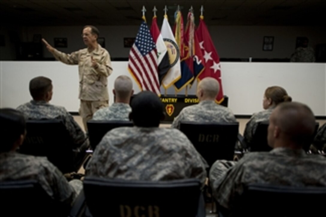Chairman of the Joint Chiefs of Staff Adm. Mike Mullen addresses soldiers assigned to the 1st Infantry Division's 2nd Advise and Assist Brigade at the U.S. Division Center at Camp Liberty, Iraq, on April 22, 2011.  Mullen is in the Central Command area of operation supporting a USO tour to the region and talking to counterparts and service members stationed in the area.  