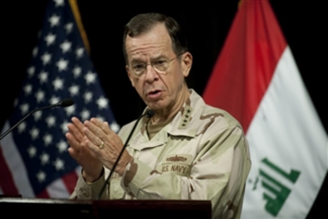 Chairman of the Joint Chiefs of Staff Adm. Mike Mullen addresses members of the media during a press availability at Al-Faw Palace at Camp Victory in Baghdad, Iraq, on April 22, 2011.  Mullen is in the Central Command area of operation supporting a USO tour to the region and talking to counterparts and service members stationed in the area.  