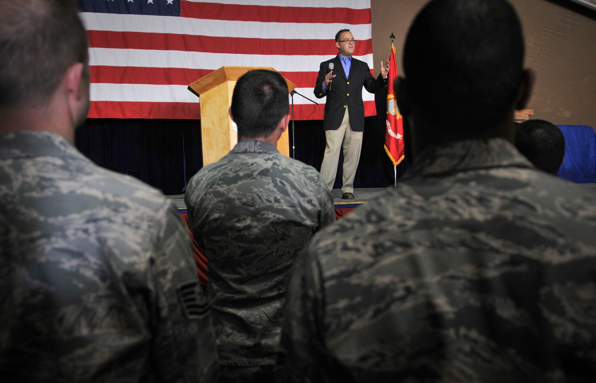 TRANSIT CENTER AT MANAS, Kyrgyzstan -The Honorable Daniel Ginsberg, Assistant Secretary of the Air Force for Manpower and Reserve Affairs, visits the Transit Center at Manas April 23. Secretary Ginsberg toured the transit center to take a look at the day-to-day operations of everything from the flight line to the medical group. The highlight of his visit was an "All Call" held at Pete's Place answering questions of interest to the Airmen of the Center. (U.S. Air Force photo/Staff Sgt. Stacy Moless)