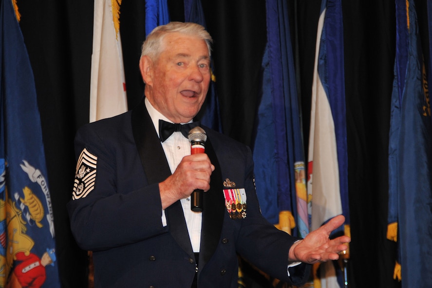 OFFUTT AIR FORCE BASE, Neb.--Retired Chief Master Sergeant Robert D. Gaylor, the fifth Chief Master Sergeant of the Air Force, addresses attendees at the annual Outstanding Airmen of the Year Banquet.  The OAY awards Banquet was sponsored by Offutt Air Force Base and was held in downtown Omaha on 20 April.
Air Force Photo by D.P. Heard
[RELEASED] by SrA Peter Danielson
