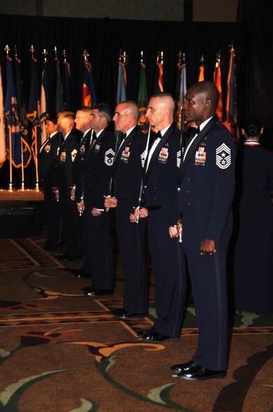 OFFUTT AIR FORCE BASE, Neb.
Chief Master Sgts from various bases in Air Combat Command stand at attention during the Outstanding Airmen of the Year awards. The OAY awards banquet was sponsored by Offutt Air Force Base and was held in Embassy Suites hotel in Omaha April 20. 
U.S. Air Force Photo by D.P. Heard
[RELEASED] by SrA Peter Danielson

