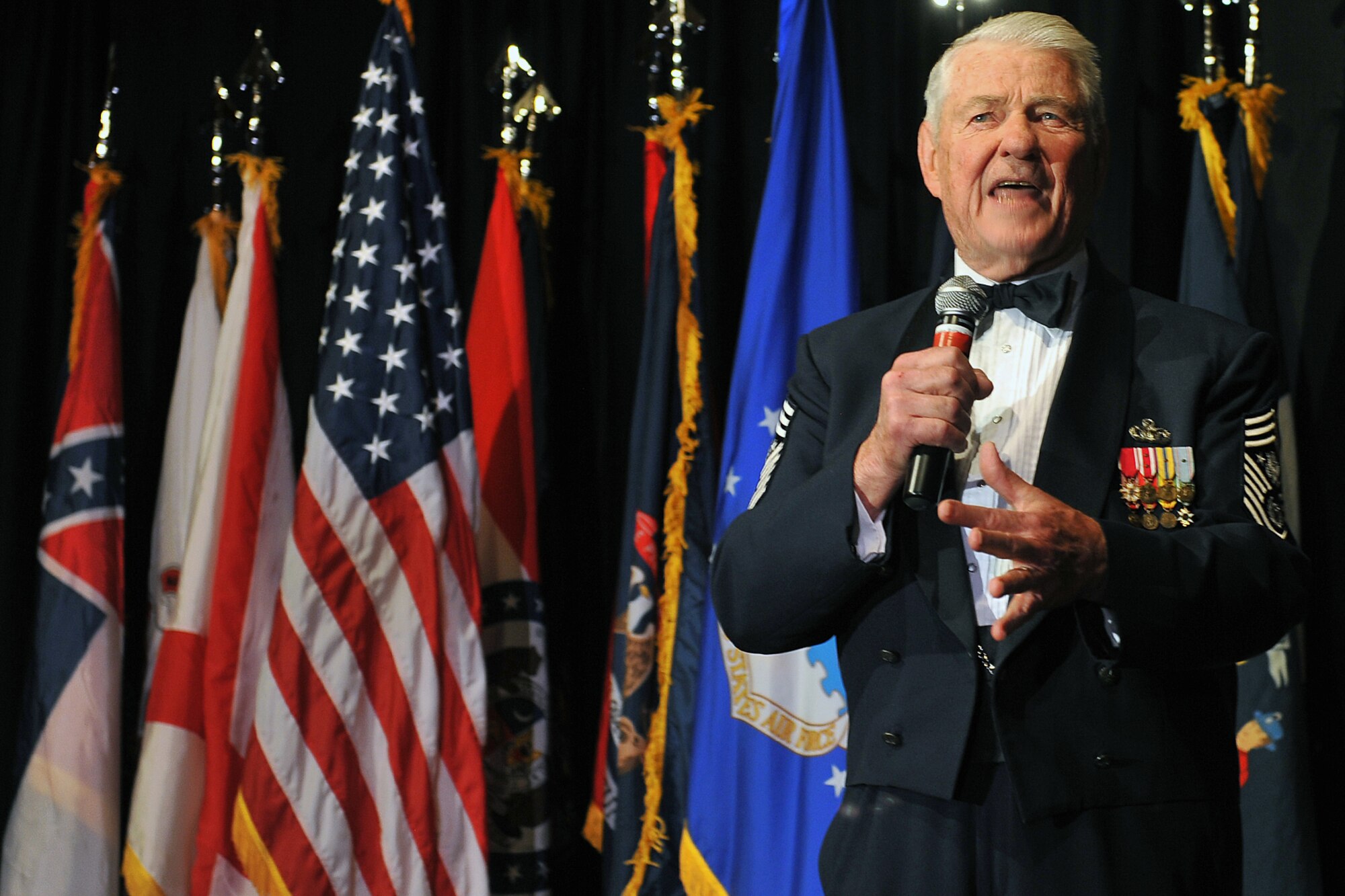 OFFUTT AIR FORCE BASE, Neb. – Retired Chief Master Sgt. Robert Gaylor, the fifth chief master sergeant of the Air Force, encourages the crowd on future of the air force during the Air Combat Command Outstanding Airmen of the Year banquet inside the Embassy Suite hotel in Omaha April 20. More than 250 people were in attendance to honor ACC’s most talented Airmen for their dedication, sacrifice and service that defines the goal of global power for America.     

U.S. Air Force Photo by charles haymond
[RELEASED] by SrA Peter Danielson
