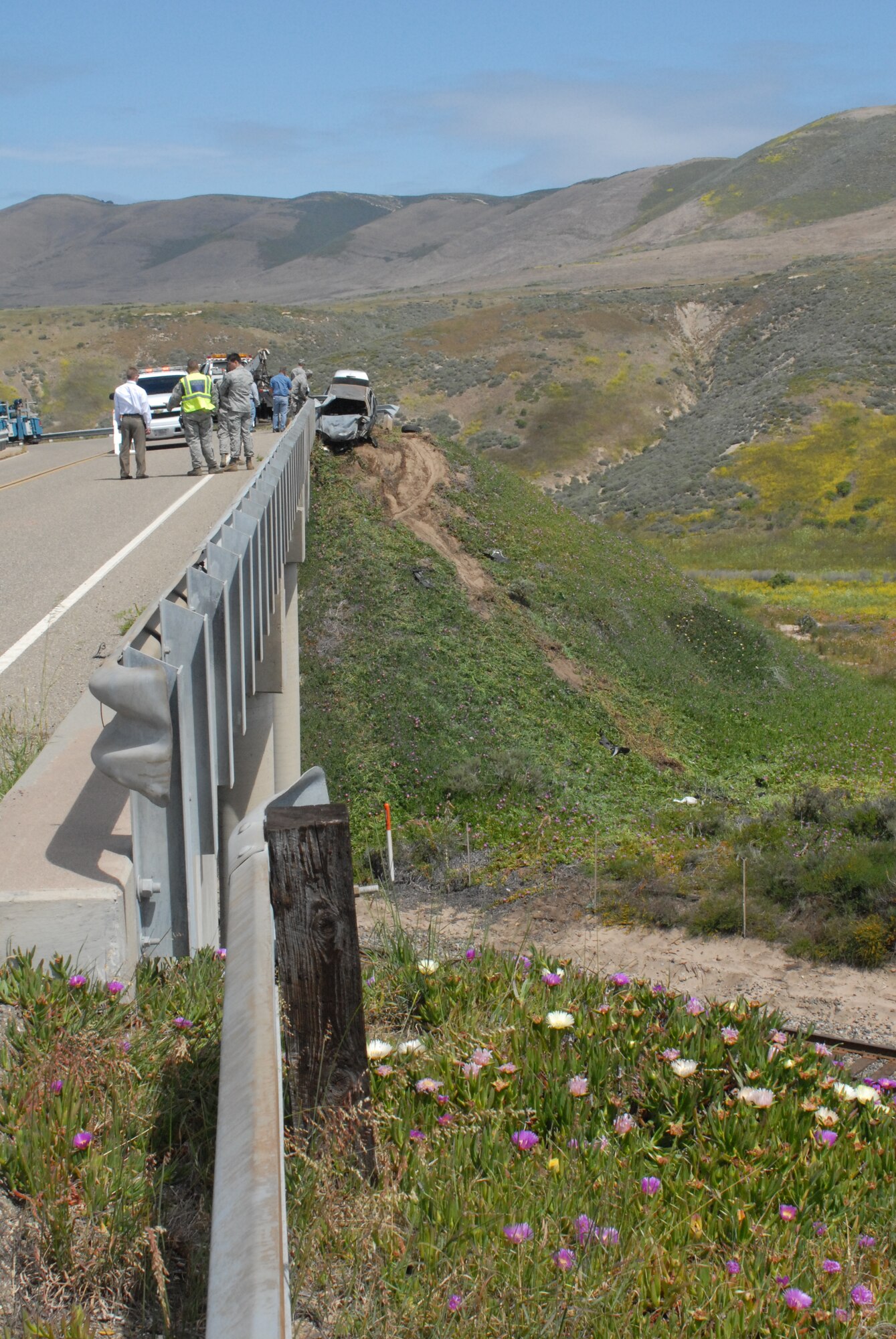 VANDENBERG AIR FORCE BASE, Calif. — Three people were injured in a one-vehicle accident near the intersection of El Rancho and Antenna Roads on north Vandenberg at about 4 p.m Sunday, April 24, 2011. (U.S. Air Force photo/ Jerry E. Clemens Jr.) 