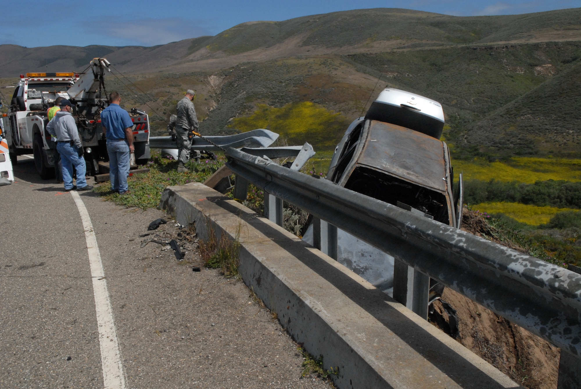 VANDENBERG AIR FORCE BASE, Calif. — Three people were injured in a one-vehicle accident near the intersection of El Rancho and Antenna Roads on north Vandenberg at about 4 p.m. Sunday, April 24, 2011. (U.S. Air Force photo/ Jerry E. Clemens Jr.) 